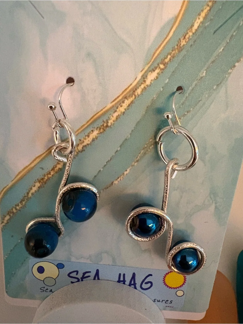 Blue Glass Orb Silver Dangle Earrings